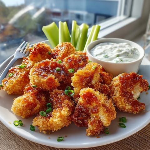 Golden-baked vegan cauliflower wings piled high with crunchy breading and smoky aroma.