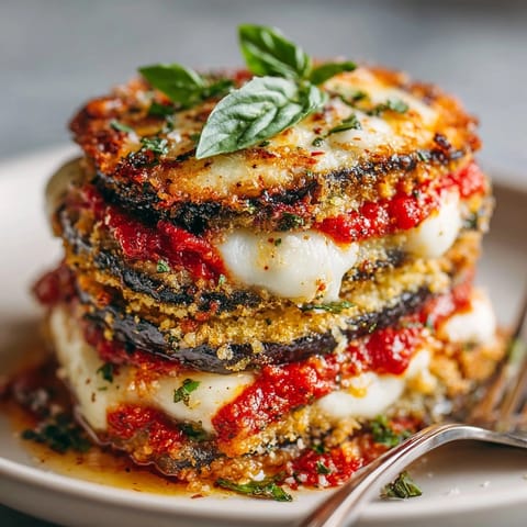Crispy breaded eggplant Parmesan served hot, garnished with fresh basil and melted mozzarella cheese.