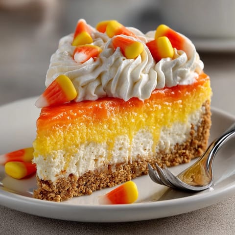 Festive Candy Corn Cheesecake with perfectly defined layers and candy corn decorations.