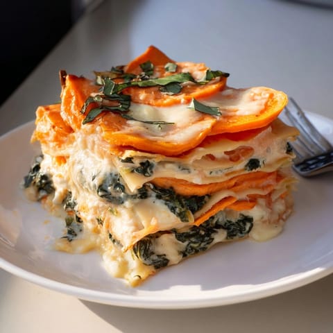 Close up of creamy Alfredo Sweet Potato Lasagna: layers of tender sweet potatoes and spinach.