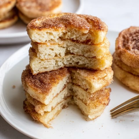 Golden, fluffy churro muffin pancakes drizzled with melted butter and cinnamon delight.  