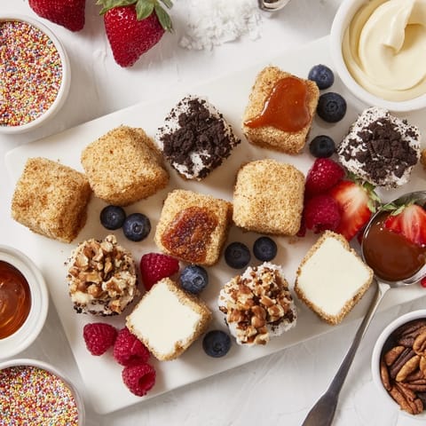 Interactive dessert board featuring cheesecake bites, luscious toppings, and vibrant summer berries.  
