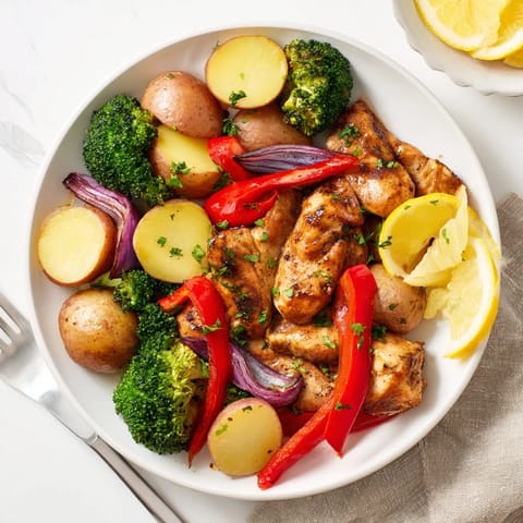 Mouthwatering Lazy Gourmet Chicken & Vegetable One-Pot served with zesty lemon wedges and fresh parsley.  
