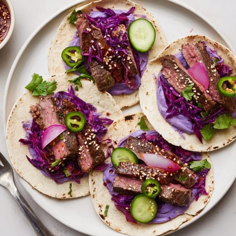 Savory Korean bulgogi tacos topped with fresh vegetables and zesty pickled onions.  
