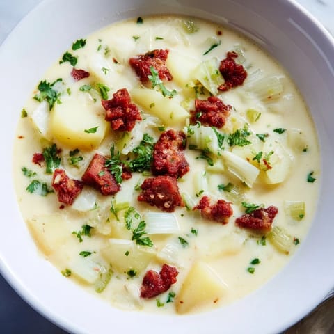 A close-up of Potato, Leek & Chorizo Soup, vibrant with paprika and savory chorizo sausage.