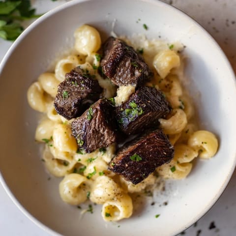 Sizzling garlic butter coats these tender steak bites, ready to be enjoyed with cheesy pasta.
