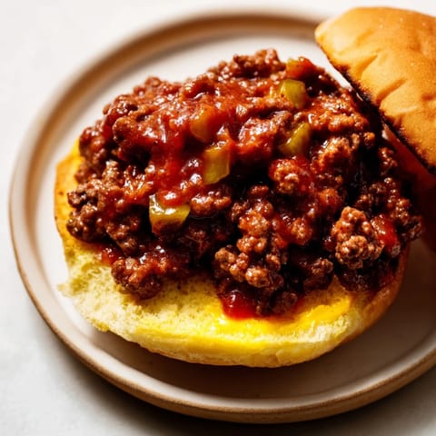 A close-up of delicious Sloppy Joes, the saucy ground beef mixture spilling over the soft buns.