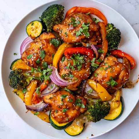 This photo features perfectly roasted Spicy Honey-Garlic Chicken Sheet Pan, glistening with a delicious glaze and veggies.