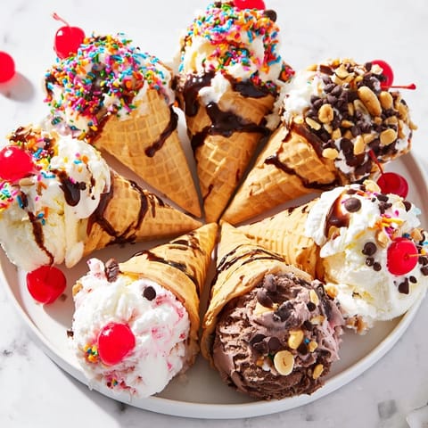 Ice cream cone grazing board overflowing with vibrant ice cream, fruit, and sweet treats waiting to be enjoyed.