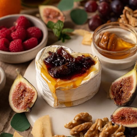 Romantic shot of a Sweetheart Brie and Jam Board, showcasing a vibrant Valentine's Day appetizer spread.
