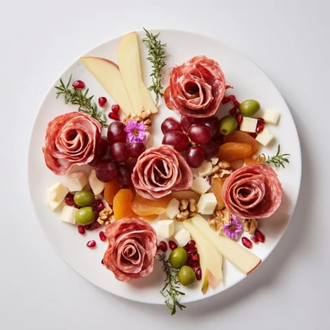 Delicious holiday charcuterie featuring a meat rose bouquet and tasty cheeses, ready to serve.