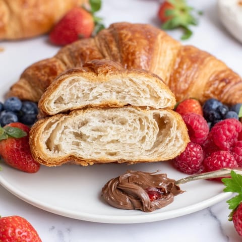 A beautiful view of the Cozy Fireplace Croissant Board assortment, with jams and fresh herbs for flavor.