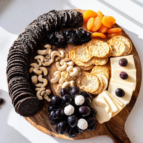 Yin and Yang Balance Board arranged with olives, cheese, and crackers offers a simple, elegant appetizer for guests.