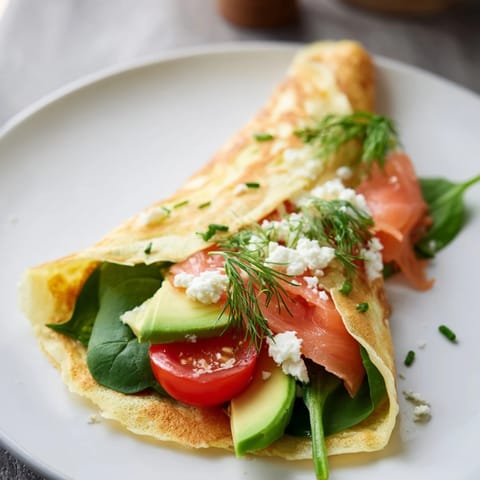 Visualize a delicious Blender-Egg Crepe Wrap, perfectly folded, ready to eat with avocado and tomato slices.