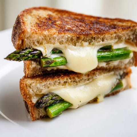 Warm, gooey Brie cheese cradles tender grilled asparagus between crispy, golden-brown sourdough slices in this savory sandwich.