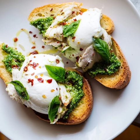 A close-up of Pesto Chicken Burrata Toast garnished with fresh basil and red pepper flakes.  