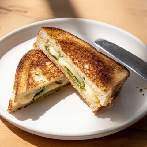 A close-up of Jalapeño Havarti Grilled Cheese, showing crispy sourdough with melted Havarti and vibrant green jalapeño slices.