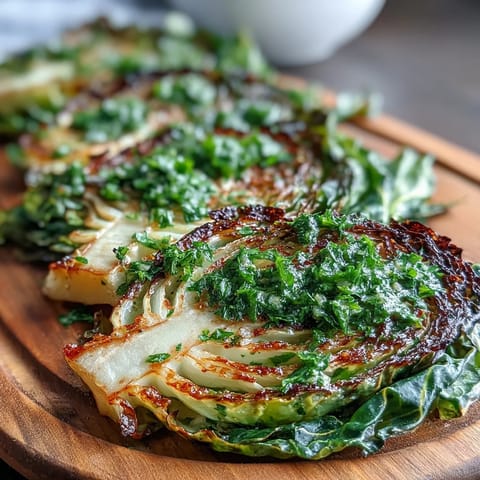 Thick caramelized cabbage steaks topped with vibrant green jalapeño chimichurri sauce on a wooden cutting board.