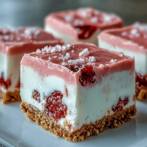 Stack of graham crusted No-Bake Strawberry Fudge Squares with a soft fudgy texture and vibrant pink hue ready for a sweet dessert serving.