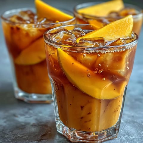 Vibrant pitcher of homemade Mango Iced Tea with black tea and ripe mango puree.