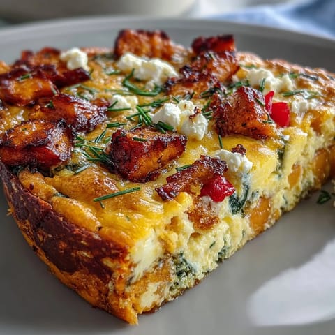 Fork-ready squares of Easy Sweet Potato Egg Casserole reveal soft sweet potatoes, wilted spinach, and fluffy eggs on a white plate.