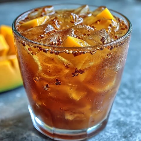 Chilled Mango Iced Tea in a tall glass with ice cubes and fresh mango garnish.