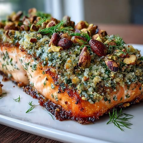 A golden pistachio crusted salmon filet with fresh herbs and lemon zest, served with lemon wedges.