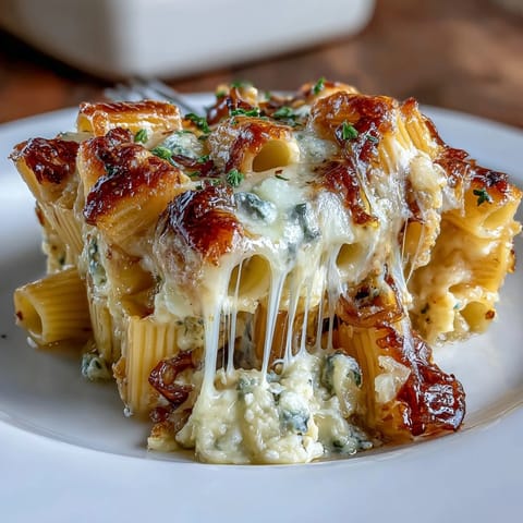A bubbling French Onion Soup Pasta Bake loaded with melted mozzarella, Parmesan, and sweet caramelized onions.  
