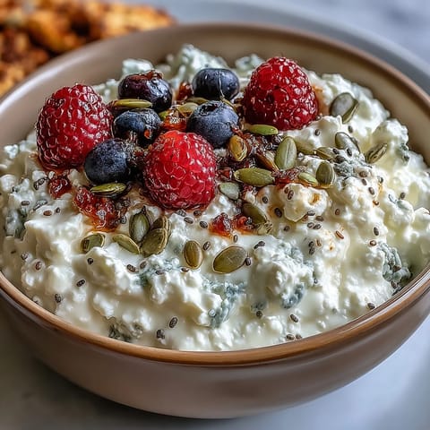 Wholesome cottage cheese breakfast bowl topped with fresh mixed berries and crunchy seeds for a protein-rich morning meal.  