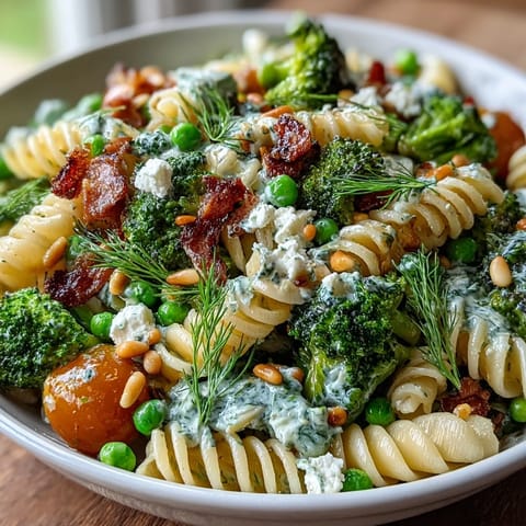 Spring Garden Pasta Salad with Broccoli and Peas in a white bowl, tossed with lemon-herb dressing and topped with feta and pine nuts.  