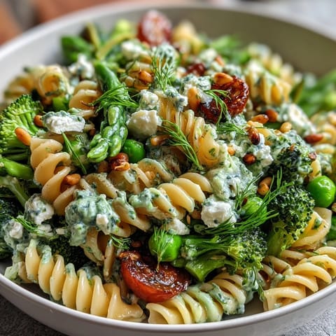 Fresh Spring Garden Pasta Salad with Broccoli and Peas, featuring colorful vegetables and a bright lemon-dill dressing, perfect for picnics.  