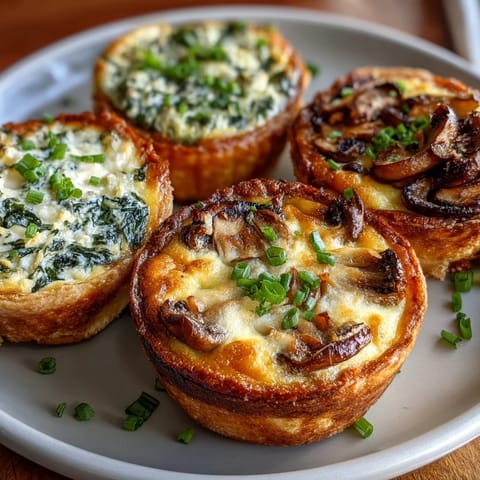 Elegant trio of mini quiches with spinach, mushroom, and ham, golden and flaky, perfect for spring brunches.  