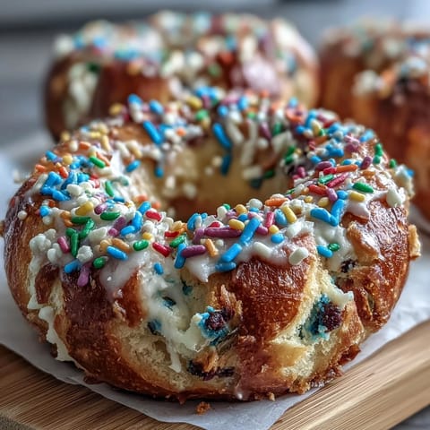 A batch of soft, chewy rainbow sprinkle birthday cake protein bagels, bursting with vanilla flavor and colorful sprinkles.