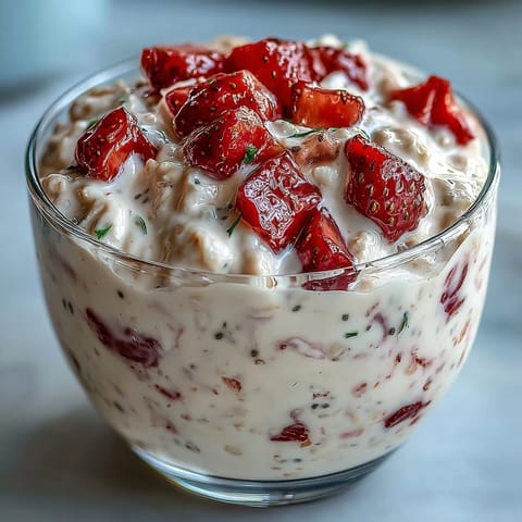 A bowl of creamy strawberry lemonade overnight oats topped with fresh strawberries, lemon zest, and crunchy poppy seeds for a refreshing breakfast.