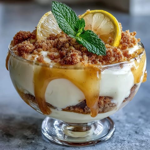 Fluffy yogurt lemon parfait with sourdough crumb topping in clear glass, creamy layers of tangy Greek yogurt and bright lemon curd topped with buttery golden crumbs.