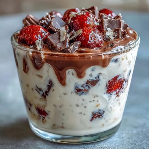 Strawberry chocolate chunk overnight oats in a glass jar, layered with fresh berries and rich chocolate chunks for a healthy dessert.