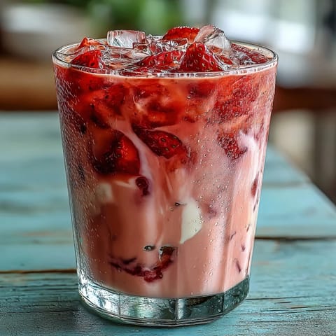 Vibrant iced strawberry matcha latte with vanilla sweet cream, featuring layers of fresh strawberry puree and frothy matcha over ice.