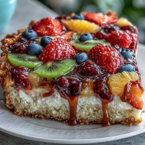 Colorful Summer Party Fruit Pizza with cookie crust topped with cream cheese frosting and fresh seasonal berries.  