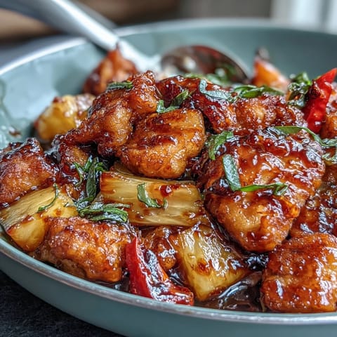 A one-pan sweet and sour chicken pineapple skillet with tender chicken, colorful vegetables, and juicy pineapple in a vibrant homemade sauce.  