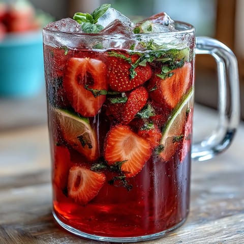 Refreshing strawberry basil lemonade served over ice, blending sweet strawberries, aromatic basil, and zesty lemon for a thirst-quenching beverage.