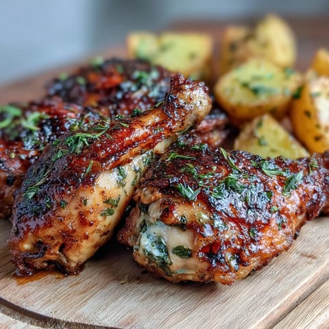 Golden chicken drumsticks roasted with crispy potatoes and sweet carrots, all seasoned with fragrant herbs for a comforting one-pan dinner.