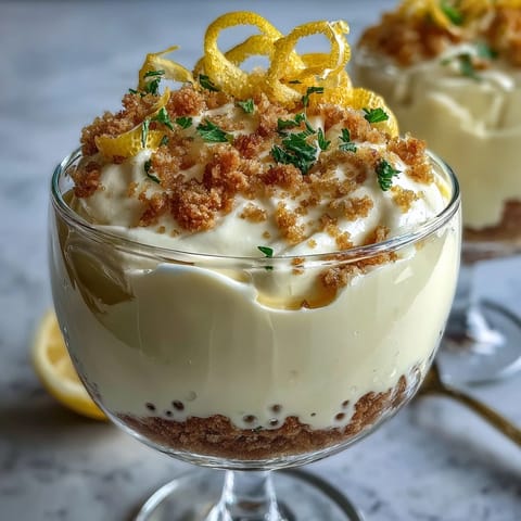 Lemon mousse cups with shortbread crumble — creamy lemon filling in buttery crumb crust, topped with fresh berries and mint.