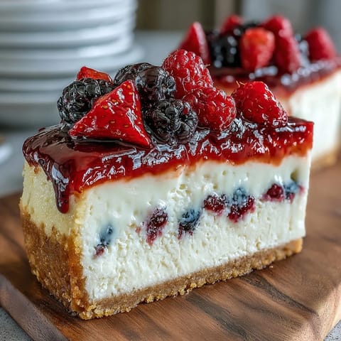 Festive no-bake cheesecake with creamy filling and fresh berries arranged as an American flag, perfect for Fourth of July celebrations.