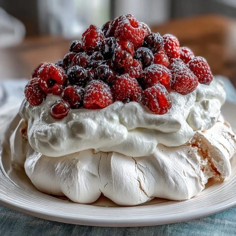 A delicate Mothers Day Pavlova with crisp meringue, fluffy whipped cream, and a vibrant mix of fresh berries on top.