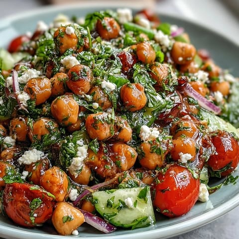 Cold chickpea salad with lemon herbs and crisp vegetables, a refreshing summer dish.  