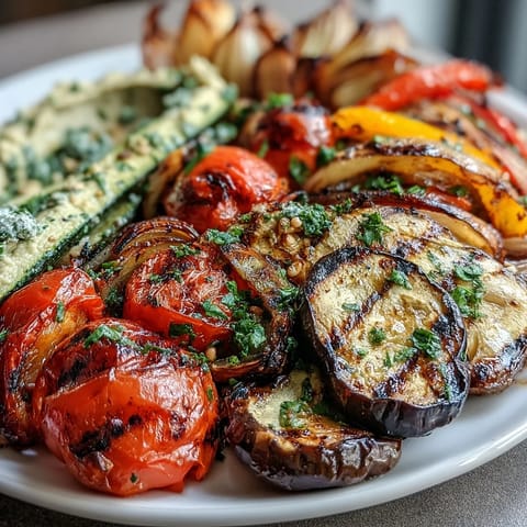 Grilled Veggie Platter with Hummus: colorful array of charred zucchini, peppers, and eggplant served with creamy hummus.