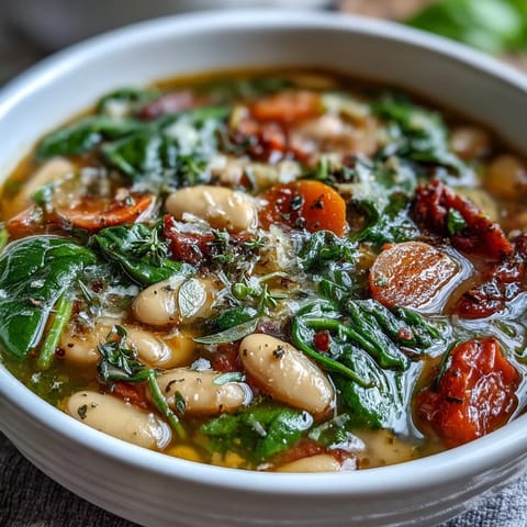 A steaming bowl of Tuscan white bean and spinach soup with fresh spinach and herbs, perfect for a comforting vegetarian dinner.