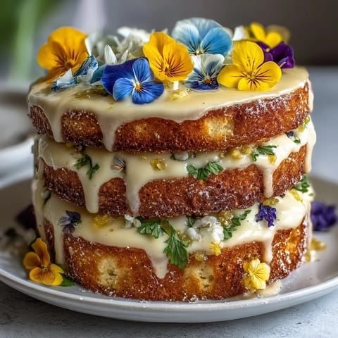Beautiful spring cake with lemon curd filling and pressed edible flowers, perfect for Easter or Mother's Day celebrations.