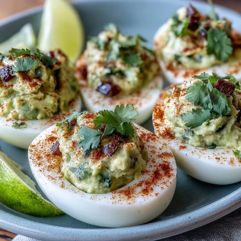 Classic deviled eggs filled with smooth guacamole, garnished with smoked paprika and cilantro for vibrant flavor.