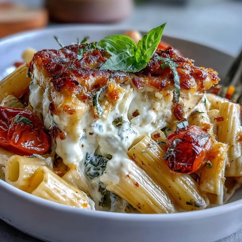 Creamy baked feta pasta with burst cherry tomatoes, ready after baking.